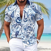 cheap Men's Satin Shirt-Men's Paisley Floral Print Ethnic Shirt Satin Shirt Dress Shirt Short Sleeve Fashion Casual Daily Vacation Summer Spring Turndown Collared Shirts 3D Print Button Up Shirts Blue Purple Green Khaki