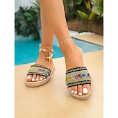preiswerte Frauen-Bestickte, flache Damen-Sandalen im Boho-Stil mit gewebter Sohle – farbenfroher, tropischer Resort-Look, bequeme Sommerpantoletten zum Entspannen am Pool und für Inselurlaube