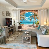 cheap Ocean Beach Tapestry-Beach Landscape Window Tapestry Tropic Ocean Palm Tree Seaside Wall Backdrop Summer Mural for Living Room Bedroom Office Decor