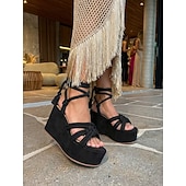 abordables Femmes-sandales à plateforme à lacets en corde orange pour femmes – talons compensés bohèmes pour la plage d'été et les festivals