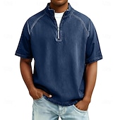 voordelige basis t-shirts-Heren Overhemd van 100% katoen met zure wassing T-shirt Korte mouw Opstaand Herfst winter Lente Herfst Effen Vintage Streetwear Casual Rits omhoog Kledingstuk geverfd Standaard Casual Huis Straat