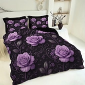 abordables Juegos de funda nórdica-Juego de funda nórdica con estampado de flores y mariposas de rosas moradas, juego de cama estilo hotel con 1 funda nórdica y 2 fundas de almohada, tela de felpa suave, no incluye edredón.