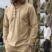 abordables Vacances-Homme Chemise Chemise en lin Style Viking Chemise popover Chemise d'été Chemise à col officier Uni Occasionnel Vacances Noir Blanche Vert Kaki manche longue Col en V Été Printemps Vêtement Tenue