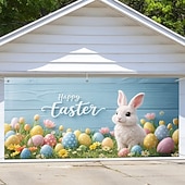 billiga Semestertapeter-Påskgarageportsskydd 157,48 x 70,87 tum söt kanin som bryter igenom väggen färgglada ägg rolig påskdekor utomhusgarage vårfest familjefest bakgrundsscen