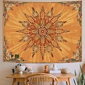 baratos Tapeçarias de Parede-Tapeçaria de parede mandala amarelo mostarda, estilo boho vintage com design floral, grande, em tons terrosos, para decoração de casa, pôster de tecido para fundo de parede.