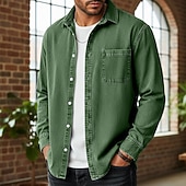 preiswerte Herrenhemd zum Knöpfen-Herren Hemd Freizeithemd Vintage-Shirt Knopfhemd Acid-Wash-Shirt Blau Schwarz Hellgrün Wein Marineblau Langarm Einfach Revers Lässig Streetwear Tasche Bekleidung Baumwolle Mode Retro Vintage Lässig