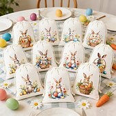 お買い得  イースター-イースターバニープリントの黄麻布巾着袋（パステルカラーのバニー付き）12個入り &amp;花柄、卵を集めるかわいいウサギ、イースターエッグハント、ベビーシャワー、結婚式、春のパーティー用のポリエステル製イースターギフトバッグ