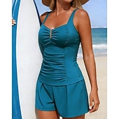 お買い得  サーフィンタンクiniとビキニ-女性用 ルーシュタンキニ 水着 2個 ソリッド UVプロテクション 弾性ある ノースリーブ スイムウェア サーフィン 潜水 水泳 夏