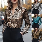 cheap Dressy Blouses-Women's Blouse Buttons Print Leopard Stylish Casual Long Sleeve Shirt Collar Regular Tops Daily Blue Silver Yellow Brown Spring Fall