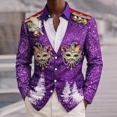 abordables Vintage Shirt-Mardi Gras Men's Carnival Faux Collar and Suit Design Mask with Feathers Shirt Button Up Shirt Long Sleeve Fashion Casual Party Holiday Spring Fall Turndown 3D Print Collared Shirts Purple Green Dark