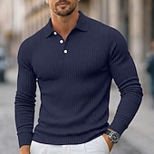 cheap Men's Classic Polo-Men's Rib Knit Top Textured Casual Street Lapel Long Sleeve Basic Modern Plain Buttons Spring Fall All Seasons Slim Fit White Gray Rib Knit Top