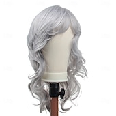 cheap Older Wigs-Silver Grey Wigs for Women, Shoulder Length Wavy Hair with Side Bangs, Natural Looking Heat Resistant Synthetic Wig for Daily Wear, Party
