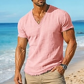 billiga Bomull och linne T-shirts-Herr T-tröja Linne T-shirt Kortärmad Kort ärm V-hals Sommar Slät Mode Designer Grundläggande Mjukt Strand Semester Ledigt / vardag Rosa Vit Topp t-shirt för män