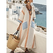 billiga Randiga och geometriska klänningar-Kvinnors Maxiklänning Linne Lika Andningsbar Lättviktig A-Linje Klänning Sommarklänning Avslappnad Daglig Lätt Passform Randig 3/4 Längd Ärmm V-Hals Blå Vit Röd Beige Sommar Vår Höst