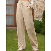 halpa Oleelliset keinotekoiset alaosat-Naisten Puuvillaiset pellavahousut Kiinalainen Kesähousut Suora Loma Perus Vapaa-aika Täyspitkä Korka vyötärö Yhtenäinen väri Tasku Elastinen vyötärönauha Mukava Pehmeä Elastinen ulko- Katu Sininen