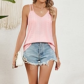 preiswerte Einfacher Tank-Damen Textur Bluse Oberteil mit Ösen Pointelle Tee Neckholder-Top Lochmuster Einfarbig Grafik Einfach Mode Klassisch Lässig Ärmellos V Ausschnitt Normale Oberteile Lässig Täglich Strand Weiß Rosa