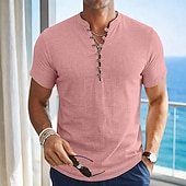 cheap Vacation-Men's Linen Shirt Popover Shirt Summer Shirt Beach Wear Casual Shirt Band Collar Shirt Plain Casual Daily Gray Light Blue Short Sleeve V Neck Summer Clothing Apparel