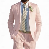 cheap Beach Suits-Men's Linen Suits Beach Wedding Spring Wedding Black White Spring &amp; Summer Suit Notch Lapel Fashion Lightweight Solid Colored Tailored Fit 2 Piece Single Breasted Two-buttons