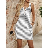 billiga Randiga och geometriska klänningar-Dam Mini klänning Sheath Dress Sommarklänning Ledigt Dagligen Normal Randig Ärmlös U-hals Marin Svart Vit Rodnande Rosa Sommar