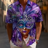 preiswerte Vintage Hemd-Karneval Herren Blende Farbe Karnival Maske mit Federn Hemd Knopfhemd Kurzarm Vintage-Retro Party Ferien Sommer Frühling Umlegekragen 3D-Druck Hemden mit Kragen Purpur Orange Dunkelviolett
