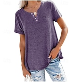 abordables Camiseta lisa-Mujer Tops de verano Blusa Frunce Retazos Bolsillo Color sólido Plano Elegante Vintage damas Manga Corta Escote en Pico Tops regulares Diario Trabajo Festivos Rosa Morado Verde Trébol Caqui Verano