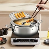 voordelige Kookgerei-Friteuse van 304 roestvrij staal met temperatuurregeling, multifunctionele oliebesparende frituurpan met uitneembaar filtermandje, universele voet voor gasfornuis &amp;inductiekookplaten, frituurpan van