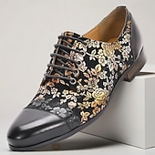Χαμηλού Κόστους Βασικά Παπούτσια-Κομψά ανδρικά δερμάτινα νυφικά παπούτσια - μαύρα με χρυσό φλοράλ μοτίβο, υποδήματα υψηλής ποιότητας για γάμους και επίσημες γιορτές