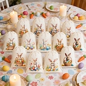 お買い得  イースター-イースターバニープリントの黄麻布巾着袋（パステルカラーのバニー付き）12個入り &amp;花柄、卵を集めるかわいいウサギ、イースターエッグハント、ベビーシャワー、結婚式、春のパーティー用のポリエステル製イースターギフトバッグ