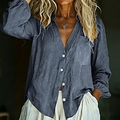 baratos Camisas de Luxo-Mulheres Camisa de linho camisa de verão camisa de botão Bolsos Côr Sólida Tecido Diário à moda Casual Manga Longa Decote V Tops regulares Feriado Roupa de Praia Roupas de resort Preto Branco Amarelo