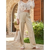 halpa Oleelliset keinotekoiset alaosat-Naisten Puuvillaiset pellavahousut Kiinalainen Kesähousut Suora Loma Perus Vapaa-aika Täyspitkä Korka vyötärö Yhtenäinen väri Tasku Elastinen vyötärönauha Mukava Pehmeä Elastinen ulko- Katu Sininen