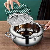 voordelige Kookgerei-Friteuse van 304 roestvrij staal met temperatuurregeling, multifunctionele oliebesparende frituurpan met uitneembaar filtermandje, universele voet voor gasfornuis &amp;inductiekookplaten, frituurpan van