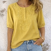economico T-shirt semplice-Per donna Maglietta in cotone e lino T-shirt ricamata Bottoni Vintage Etnico Casual Mezza Manica Manica a Palloncino Henley Top Regolari Quotidiano Uscire Blu Bianco Giallo Arancione Cachi Estate