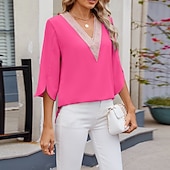 preiswerte Schicke Blusen-Damen Hemd Bluse Chiffon Tops Patchwork Farbblock Stilvoll Lässig Langarm V Ausschnitt Normale Oberteile Täglich Ferien Ausgehen Blau Schwarz Weiß Rosa Himmelblau Sommer Frühling
