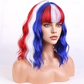  Perucas Vermelha Branca e Azul para Mulheres e Meninas Peruca do Dia da Independência Curta Cacheada e Ondulada Com Franja Fantasia para Festa do Quatro de Julho