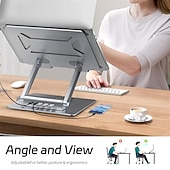 preiswerte Laptop Ständer-Laptop-Dockingstation aus Aluminium, verstellbarer Computerständer mit 360°-Drehfuß, ergonomischer, faltbarer Laptop-Erhöhung mit 5-in-1-Hub (3 USB 3.0) für 13-17 Zoll Laptops/Tablets