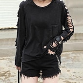 ieftine tricou simplu-Pentru femei Top cu umeri deschiși Topuri cu spălare vintage Ciucure Eliminat Moda Punk Manșon Lung Stil Nautic Rotund Topuri obișnuite Zilnic Ieșire Negru Vară Primăvară