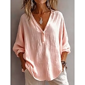 お買い得  ラグジュアリーシャツ-女性用 コットンリネンシャツ フリル 純色 日常 ベーシック カジュアル 長袖 Ｖネック レギュラートップス 日常 ブルー ホワイト ピンク グリーン 夏 春 秋