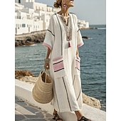 billiga Randiga och geometriska klänningar-Kvinnors Maxiklänning Linne Lika Andningsbar Lättviktig A-Linje Klänning Sommarklänning Avslappnad Daglig Lätt Passform Randig 3/4 Längd Ärmm V-Hals Blå Vit Röd Beige Sommar Vår Höst