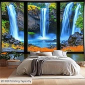 abordables Tapices de pared-Tapiz de lago con vista de ventana en 3D, paisaje natural y forestal, colgante de pared, mural de paisaje de ventana falsa para sala de estar, sala de yoga, espacio de meditación
