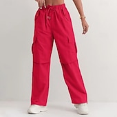 preiswerte Cargohose für Damen-Damen Cargo-Hosen Hose Freizeithose Urlaub Mode Alltagstauglich Volle Länge Hohe Taille Einfarbig Einfach Kordelzug Tasche Weites Bein Komfort Schnelltrocknend Weich Unelastisch Outdoor Streetwear