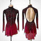billige Figur skating kjoler-Kjole til kunstløp Dame Skøyteløp Kjoler Svart / Rød Lapper Åben Ryg Spandex Netting Høy Elastisitet Trening Konkurranse Skøyteklær Klassisk Krystall / Rhinstein Langermet Skøyting Kunstløp