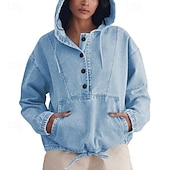 economico Bluse Semplici-Per donna Blusa Coulisse Bottoni Semplice Elegante Classico Moderno Manica Lunga Con Cappuccio Top Regolari Quotidiano Ferie Uscire Blu Blu marino Azzurro Estate Primavera