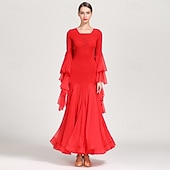 economico Sala da Ballo Standard-abito da ballo da sala nero da donna con scollo a V, maniche a balze multistrato, abito da valzer, abbigliamento da ballo moderno standard da competizione