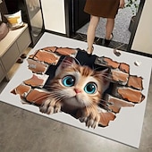 abordables Felpudo-Felpudo con ilusión 3D de gatito, impresión 2D de un gato asomándose a través de una pared de ladrillos para una entrada divertida y original, perfecta para los amantes de los gatos.