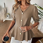 preiswerte Einfache Blusen-Damen Freizeithemd Knopfhemd Bluse Gerafft Tunika Knöpfe Einfarbig Einfach Elegant Täglich Stilvoll Kurzarm Puffärmel V Ausschnitt Normale Oberteile Ferien Strandbekleidung Urlaubskleidung Blau Kamel
