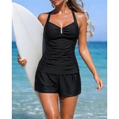 お買い得  サーフィンタンクiniとビキニ-女性用 ルーシュタンキニ 水着 2個 ソリッド UVプロテクション 弾性ある ノースリーブ スイムウェア サーフィン 潜水 水泳 夏