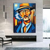 cheap Famous Paintings-Modern Expressionist Man Smoking Canvas Abstract Picaso Style Portrait Wall Art Blue Orange Home Decor Contemporary Art Canvas Unique Character