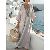 billiga Randiga och geometriska klänningar-Kvinnors Maxiklänning Linne Lika Andningsbar Lättviktig A-Linje Klänning Sommarklänning Avslappnad Daglig Lätt Passform Randig 3/4 Längd Ärmm V-Hals Blå Vit Röd Beige Sommar Vår Höst