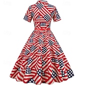  250º Aniversário EUA Anos 50 Retro Vintage Meio-dia Vestidos Vestido swing Vestido Flare Mangas curtas Linha A Fantasia Mulheres 4 de julho Dia da Independência Adulto Vestido Primavera Verão