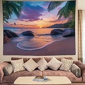 economico Arazzi da parete-Arazzo da parete con tramonto sulla spiaggia tropicale, paesaggio marino con palme e rocce, decorazione murale naturale per camera da letto, sala yoga, spazio per la meditazione